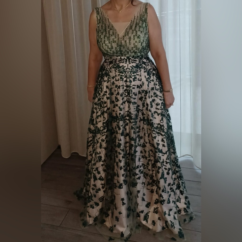 Green And Beige Maxi Dress For Wedding Guest